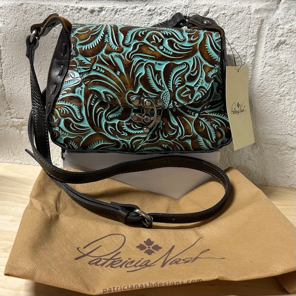 Patricia Nash Handbags - Patricia Nash Lucia Turquoise and Brown Tooled Leather Crossbody Bag NWT